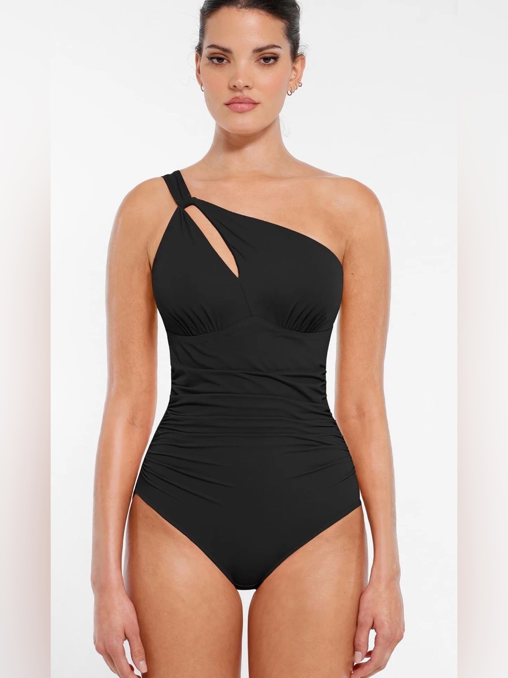 Asymmetrical One-Shoulder Black Ruched Women’s Swimsuit